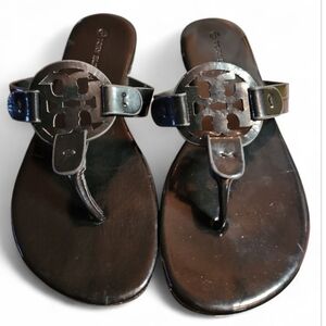 Tory Burch Miller Sandals Black Patent Leather 7.5 Designer Luxury Resort Y2K